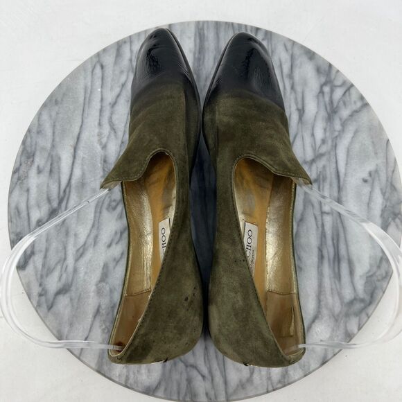 Jimmy Choo Womens 38 Loafer Moss Green Suede Slip On Patent Leather Cap Toe - Picture 6 of 14